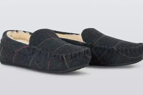 John Lewis Faux Fur Lined Herringbone & Check Mocassins, Navy-AUTO WIN 22/10