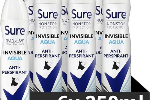 Sure Women Nonstop Protection Invisible Aqua Deodorant Body Spray Antiperspirant 250 ml, Pack of 6-AUTO WIN 04/10