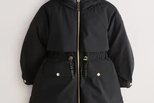 Baker by Ted Baker Shower Resistant Skirted Tech Parka Black Coat-AGES 4-13-AUTO WIN