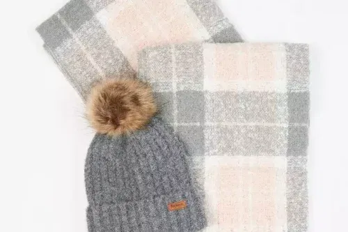 Barbour Saltburn Beanie Hat & Check Scarf Gift Set, Grey/Rose-AUTO WIN 29/11