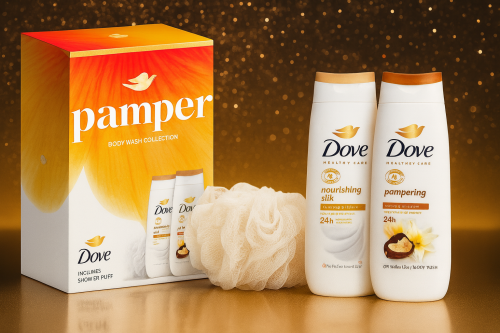 3 Winners Dove Pamper Duo Gift Set, Advanced Care Body Wash Set with Shower Puff, 2 x 225ml