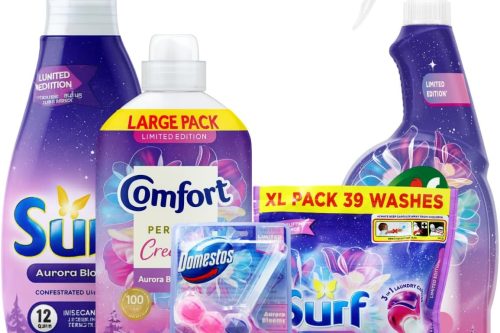 Aurora Blooms 5pc Cleaning & Laundry Bundle | Comfort Creations 45W, Surf Liquid 24W, Surf 3in1 Caps 39s, Cif Multi-Purpose Spray 750ml & Domestos Rim Block 55g | Fresh Floral Fragrance Collection AUTOWIN 06/11