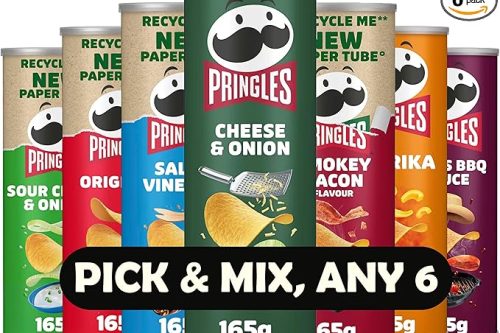 Pringles Crisps Variety Pack – Pick & Mix Any 6 Flavours – 165g Tubs – Cheese & Onion, Sour Cream & Onion, Salt & Vinegar, Original, Smokey Bacon, Paprika, Texas BBQ Sauce, Prawn Cocktail.-AUTO WIN