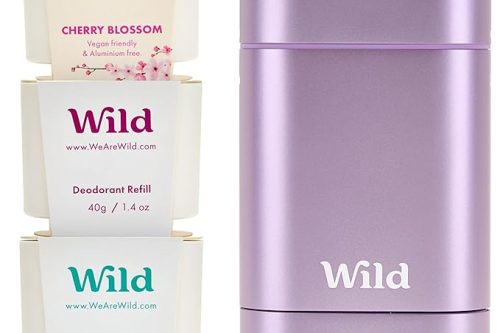Wild - Purple Case with Refill Variety Pack (3 x 40g) - Natural Refillable Deodorant - Aluminium Free - Includes Fresh Cotton & Sea Salt, Cherry Blossom and Coconut & Vanilla Scents - Vegan-AUTO WIN