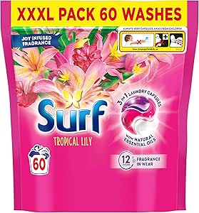 2XWINNERS Surf 3 in 1 Tropical Lily Laundry Washing Detergent Capsules joy-infused fragrance with natural essential oils lasting up to 12 hours in wear for brilliantly clean results 60 washes-AUTO WIN