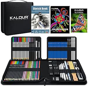 KALOUR 84pc Art Supply Set - Sketching & Drawing Kit with Tutorial Book, Sketchbook & Paper - Pencils, Pastels, Watercolors for Beginner Artists-AUTO WIN