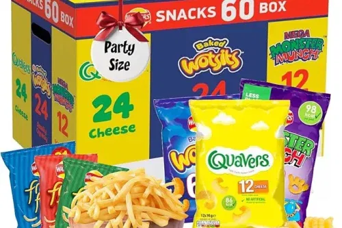 ASSORTED FLAVOUR CRISPS MULTIPACK BOX – VARIETY OF 60 CRISPS SNACKS BOX WITH EXTRA 3 X 18G FRENCH FRIES CHIPS. SNACKS BULK BUY AUTOWIN 16/11