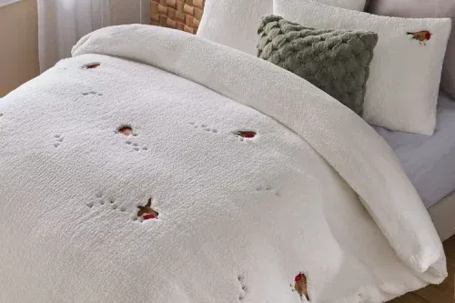 White Christmas Robin Fleece Duvet Cover and Pillowcase Set-AUTO WIN 16/11