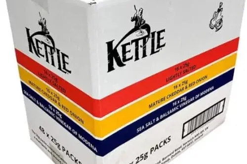KETTLE CRISP VARIETY PACK – 48 X 25G SNACK PACKS, MIXED FLAVOURS, GOURMET KETTLE COOKED CRISPS, CRUNCHY POTATO CHIPS, PARTY SNACK ASSORTMENT AUTOWIN 04/12