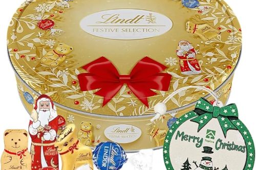 Festive Lindt Chocolate Gifts for Couples - Golden Wreath Festive Selection of Chocolate Truffles Tin Gift 400g with Christmas Tree Decoration. Christmas Gifts for Women, Stocking Fillers AUTOWIN 05/12