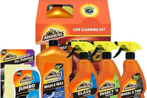 Armor All 7-Piece Car Cleaning Kit, Includes Glass Cleaner, Jumbo Sponge, Car Wash & Wax, California Scents Can Car Air Freshner, Wheel & Tyre Cleaner 500ml, Insect Remover and Microfibre Cloth AUTOWIN 08/12