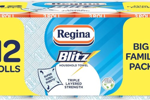 Regina Blitz Household Towels – 12 Triple Layered Rolls, 70 Sheets Per Roll, Recyclable-Paper Packaging, FSC Certified Paper, 60% Larger Than Standard Kitchen Roll Sheets AUTOWIN 01/12
