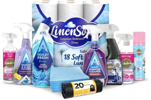 FabFinds Vegan Mega Household Cleaning Bundle 10-Piece Toilet Paper Bin Bags Antibacterial Spray Multi-Surface Cleaners & All-in-One Home Cleaning Kit AUTO-WIN 03/01