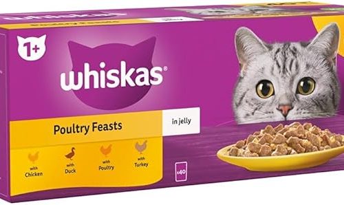 2X WHISKAS - 1+ Adult Wet Cat Food Pouches - 40 x 85 g - Poultry Selection - Bulk Cat Food Megapack - 40 Jelly Pouches-AUTO WIN 06/01