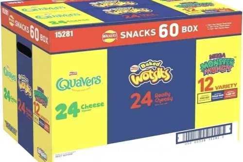 Giant Crisps Multipack Snack Box Walkers Crisps Snack Variety Box 60 Pack Quavers Baked Wotsits Mega Monster Munch Cheesy Flavour Crisps Snack Mix for Party, Office, Movie Nights & School Lunchbox 23/01