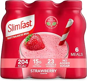3X SlimFast Ready To Drink Shake, Meal Replacement Shakes for Weight Loss and Balanced Diet, High Protein, Vitamins, Minerals, No Added Sugar, Strawberry Flavour, 6 x 325 ml