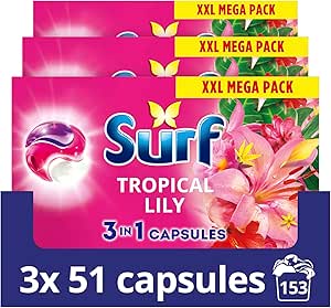 Surf 3 in 1 Laundry Washing Detergent Capsules Tropical Lily 51 Washes-AUTO WIN 02/01