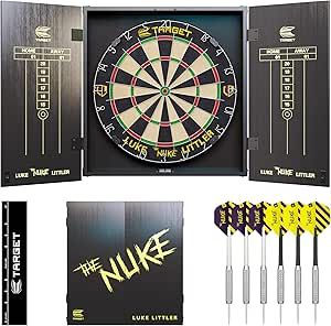 Target Darts Luke Littler Cabinet & Dartboard Set | Player Edition ‘The Nuke’ Dart Board Cupboard Set with 2 Sets of Steel Tip Darts, Score Charts, Competition Standard Throw Line-AUTO WIN 17/01