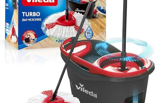 Vileda Turbo 2-in-1 Microfibre Spin Mop And Bucket Set, Spin Mop For Cleaning Floors, Set Of 1x Mop And 1x Bucket, Eco Packaging, Telescopic handle 85-123cm, 2in1 microfibre mop head