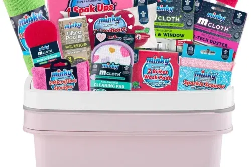 MINKY LOVE YOUR HOME CLEANING BUNDLE, 13 DIFFERENT CLEANING PRODUCTS WITH 2 STORAGE CADDIES, MICROFIBRE CLOTH, SPONGES & SCOURERS, COMPLETE SET FOR A SPARKLING CLEAN HOME 18/01