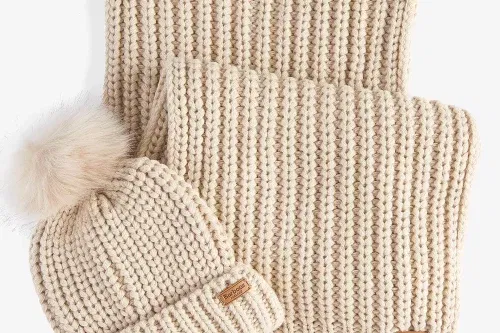 Barbour Saltburn Faux Fur Pom-Pom Beanie Hat & Scarf Gift Set, Pearl-AUTO WIN 01/02