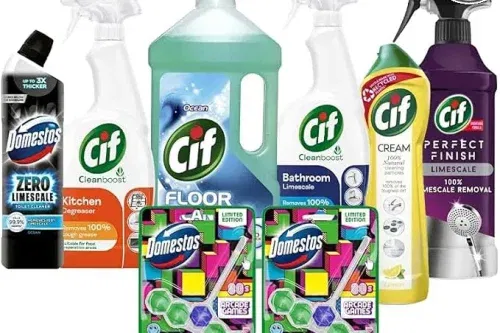 CIF & DOMESTOS CLEANING ESSENTIALS KIT – INCLUDES CIF ORIGINAL CREAM CLEANER, OCEAN FLOOR CLEANER, POWER & SHINE BATHROOM & KITCHEN SPRAYS, LIMESCALE SPRAY, DOMESTOS TOILET CLEANER & RIM AUTO-WIN 28/02