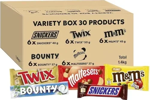 MIXED CHOCOLATE BOX, M&M’S, SNICKERS, TWIX & MORE, 30 X MILK CHOCOLATE BARS & BAGS-AUTO WIN 22/02