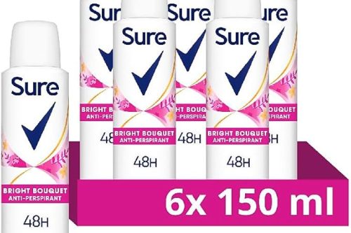 Sure Women Bright Bouquet Deodorant Body Spray Antiperspirant with a strawberry, apricot & vanilla fragrance and 48 hour sweat and odour protection 150 ml, Pack of 6-AUTO WIN 21/01