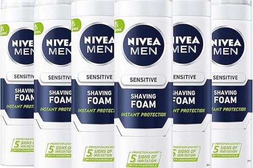 NIVEA MEN Sensitive Shaving Foam Pack of 6 (6 x 200ml) Sensitive Skin Shaving Foam, Shave Gel for Men, Shaving Gel for Irritated & Dry Skin with Witch Hazel-AUTO WIN 28/02