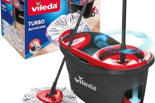 VILEDA TURBO 2-IN-1 MICROFIBRE SPIN MOP AND BUCKET SET, SPIN MOP FOR CLEANING FLOORS, SET OF 1X MOP AND 1X BUCKET, ECO PACKAGING, TELESCOPIC HANDLE 85-123CM, 2IN1 MICROFIBRE MOP HEAD-AUTO WIN 07/02