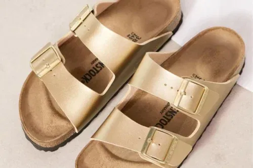 Birkenstock Gold Metallic Arizona Birko Flor Double Strap Sandals-AUTO WIN 24/03