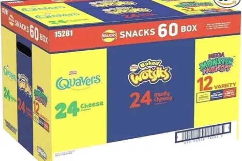 WALKERS SNACK CRISPS VARIETY CHIPS WOTSITS QUAVERS MONSTER MUNCH BOX PACK OF 60 -AUTO WIN 21/03