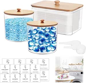 Set of 3 Clear Acrylic Laundry Pods Storage Container with Bamboo Cover and Laundry Scoop, Washing Tablets Storage Box with Laundry Labels, Laundry Jars, Home Organisation-AUTO WIN 16/03