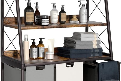 Laundry Basket 3 Compartments, Laundry Hamper with 4 Shelves and 3 Pull-Out Removable Bags-AUTO WIN 19/03