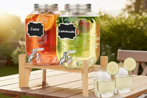 4L×2 Glass Beverage Dispenser with Tap, Glass Drink Dispenser with bamboo stand-AUTO WIN 26/03