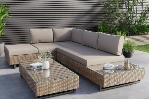 5 Seater Beige Rattan Corner Sofa Set with Reclining Sun Lounger and Coffee Table - 23/03