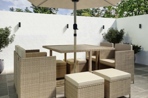 8 Seater Beige Rattan Cube Garden Dining Set with Parasol-24/03