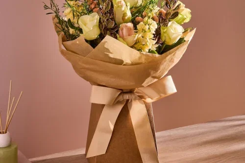 Cream Rose and Stock Fresh Flower Bouquet in Gift Bag-AUTO WIN 12/03