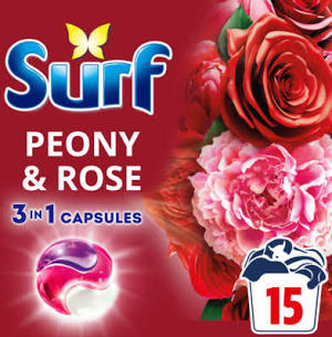 Surf Peony & Rose 3 in 1 Laundry Washing Detergent Capsules 15 Washes X6 AUTO-WIN 04/03