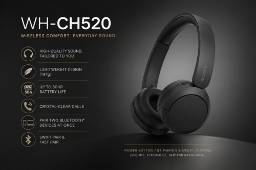 SONY WH-CH520 BLUETOOTH WIRELESS ON-EAR HEADPHONES WITH MIC/REMOTE-AUTO WIN 27/04