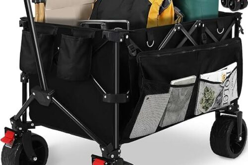 Aptliton Festival Trolley, 200L Folding Trolley Cart, 150kg Heavy Duty Pull Along Wagon with Solid Wheel and 3 Pockets for Outdoor Camping Beach Garden Picnic and Transport, Black-AUTO WIN 28/04