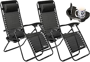 SUNMER SET OF 2 SUN LOUNGER GARDEN CHAIRS WITH CUP AND PHONE HOLDER | ADJUSTABLE HEADREST PILLOW | DECK FOLDING RECLINER ZERO GRAVITY OUTDOOR CHAIR – BLACK-AUTO WIN 26/04