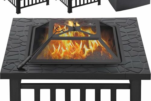 Yaheetech Outdoor Fire Pit 81cm Square Fire pits 3-in-1 Heat-resistant Metal Garden Stove for Barbecue, Heating, Cooling Drinks with Cover & Poker, Black-AUTO WIN 26/04