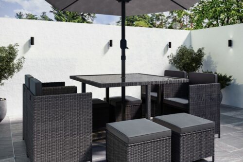 8 Seater Grey Rattan Cube Garden Dining Set with Matching Parasol-AUTO WIN 26/04