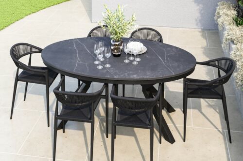 6 Seater Black Wicker Oval Garden Dining Set with Sintered Stone Table-AUTO WIN 23/04