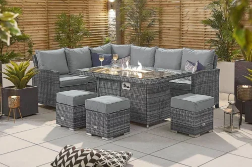 Cambridge L-Shaped Corner Rattan Lounge Dining Set with 3 Stools - Left Handed Gas Fire Pit Table in Grey Rattan- 13/04