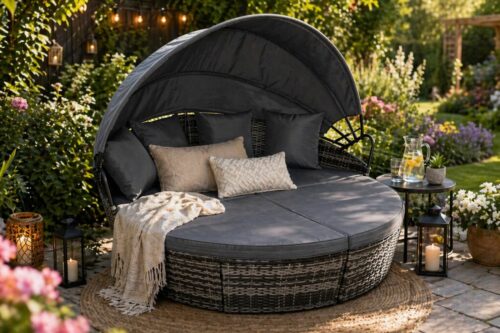 EVRE Bali 3 Piece Modular Round Rattan Wicker Patio Garden Furniture Daybed Sun Lounger Set with Extendable Canopy and Conversation Seat Cushions (Mixed Grey) AUTO-WIN