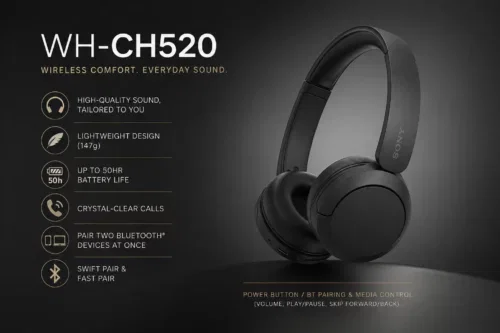 SONY WH-CH520 BLUETOOTH WIRELESS ON-EAR HEADPHONES WITH MIC/REMOTE-AUTO WIN 17/05