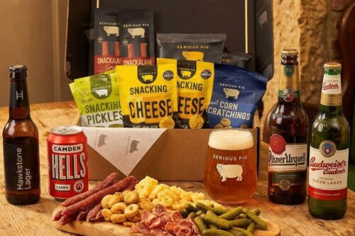 Serious Pig Beer Gift Set with 4 Lagers, 10 Pub Snacks, Glassware, Hawkstone, Camden Town, Pilsner Urquell, Budvar, 15 Pack-AUTO WIN 16/05