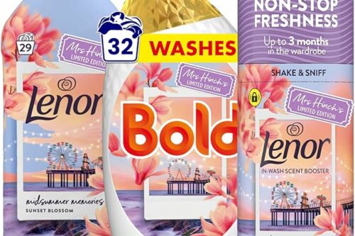 Bold & Lenor Laundry Bundle 3-Piece Bundle Set – Midsummer Memories Sunset Blossom – 32 Wash Liquid Gel Detergent, 29 Wash Fabric Conditioner & 155g Scent Booster – Long Lasting Fresh Fragrance AUTO-WIN 22/05